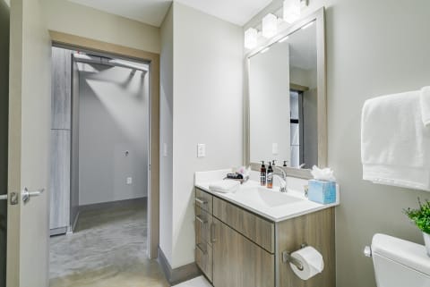 A contemporary bathroom with a white vanity, mirror, and modern decor.