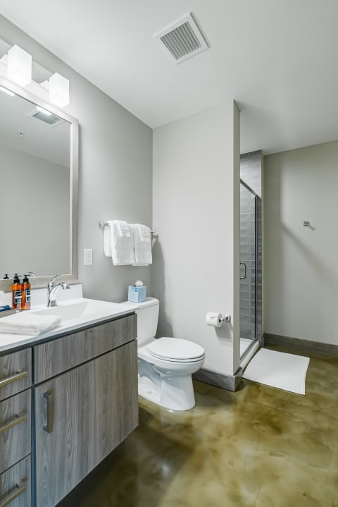 Interior view of a minimalist bathroom with a modern vanity, toilet, and glass shower enclosure.