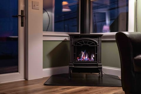 A close-up view of a black gas fireplace with flames, set in a cozy room with a green wall and wooden floor.