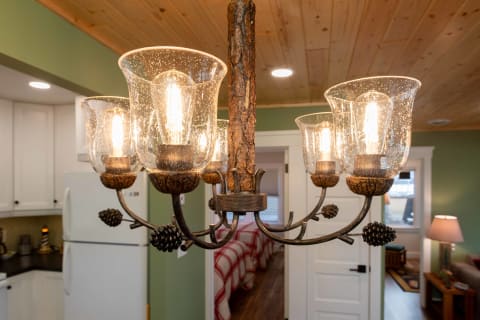 Close-up of a rustic chandelier with glass shades and pine cone details in a warm, inviting room.