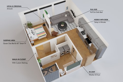 A compact apartment layout featuring a cozy sleeping area, living space, and modern kitchen.