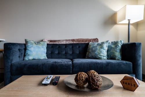 A cozy living room featuring a dark blue couch and decorative elements.
