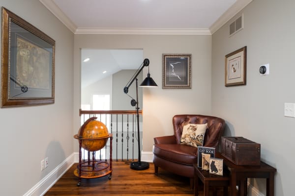 A corner of a room featuring a globe, leather chair, and cat-themed books.