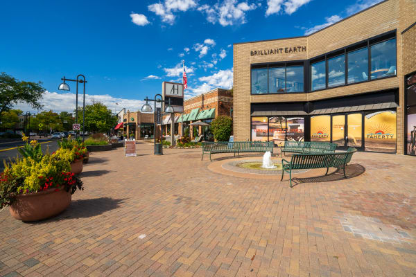 Urban shopping district with a fountain and flower beds on a sunny day.