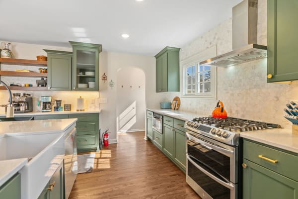 Modern kitchen with green cabinets, stainless steel appliances, and wood flooring.