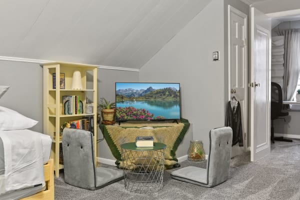 Cozy attic room with a bed, a bookshelf filled with books, a TV showing a scenic landscape, and comfortable seating.
