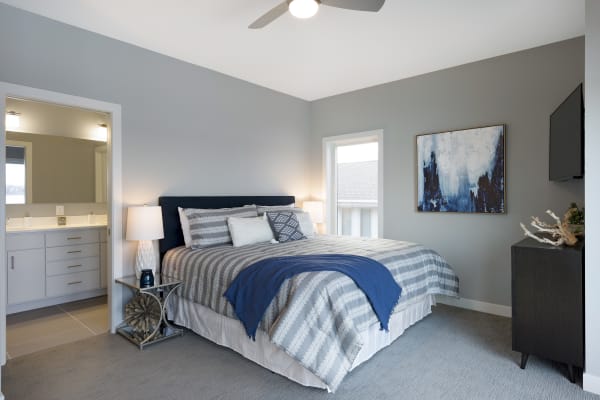 A contemporary bedroom featuring a king-sized bed with gray patterns, blue accents, and a stylish decor.