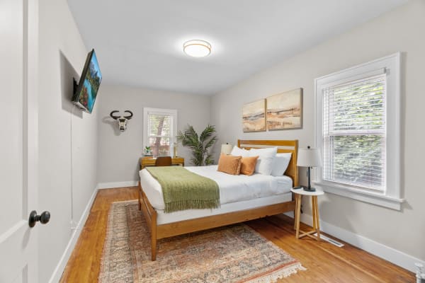 A cozy bedroom featuring a bed, decorative bull skull, mounted TV, and indoor plants.