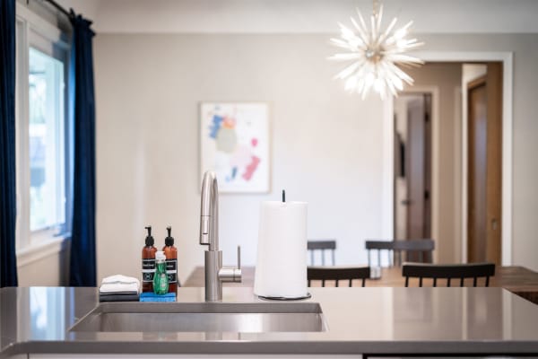 A contemporary kitchen with a sink and countertop, displaying dish soap, cleaning supplies, and a colorful art piece in the background.