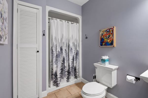 A bathroom with a forest shower curtain, white toilet, and colorful wall art.