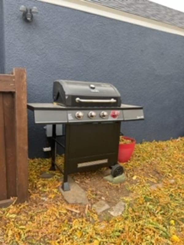 Black gas grill next to a gray wall with yellow leaves on the ground.