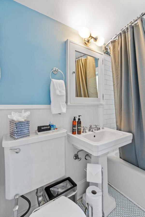 A stylish bathroom with a blue wall, white sink, and neatly arranged toiletries.