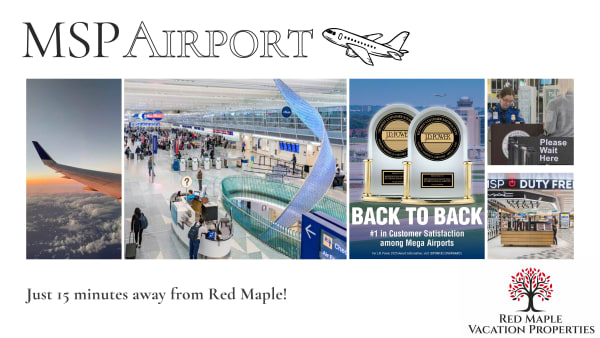 Collage of MSP Airport showcasing an airplane window view, busy terminal, customer satisfaction awards, TSA process, and duty-free shopping.