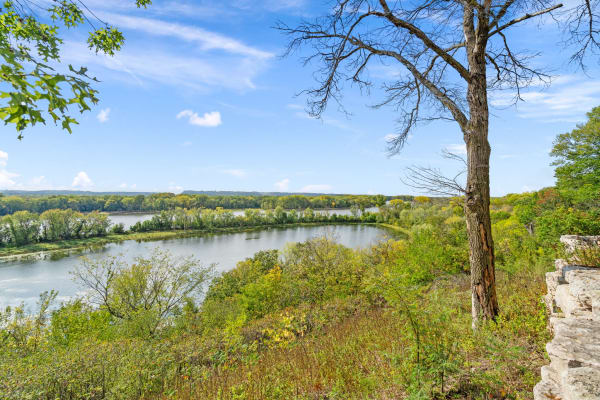A panoramic view of a river surrounded by trees with autumn colors under a blue sky.
