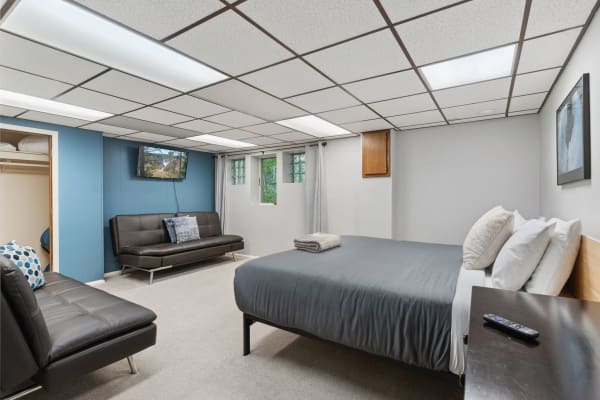 Interior view of a basement bedroom featuring a bed, sofa, and a television.
