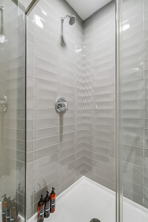 Modern shower with gray tile walls and glass doors, featuring shower products at the bottom.