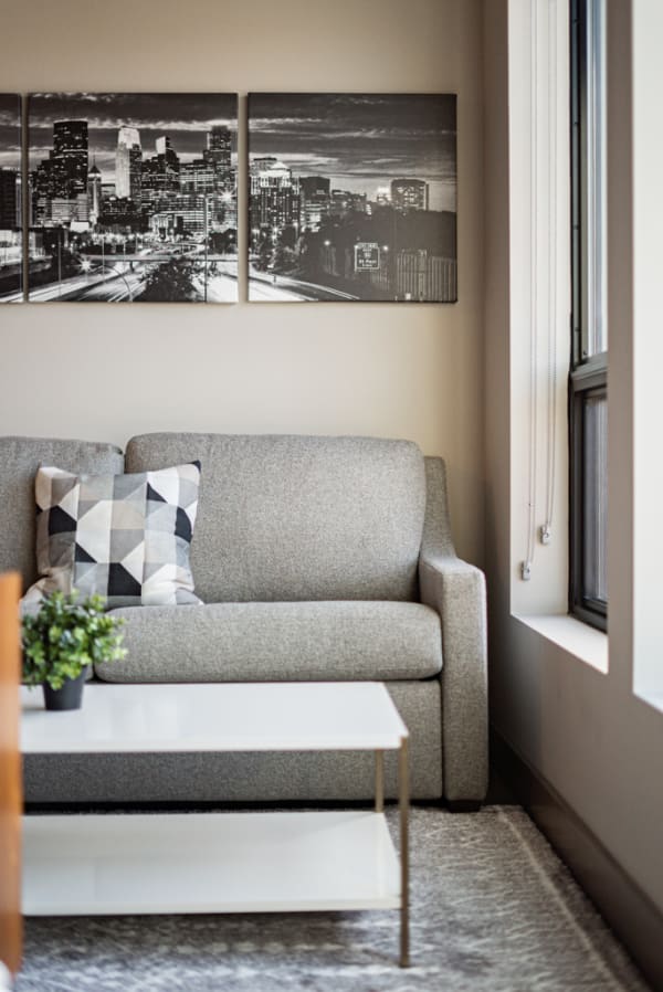 Cozy living room with gray sofa and geometric pillow beside a white coffee table and potted plant.