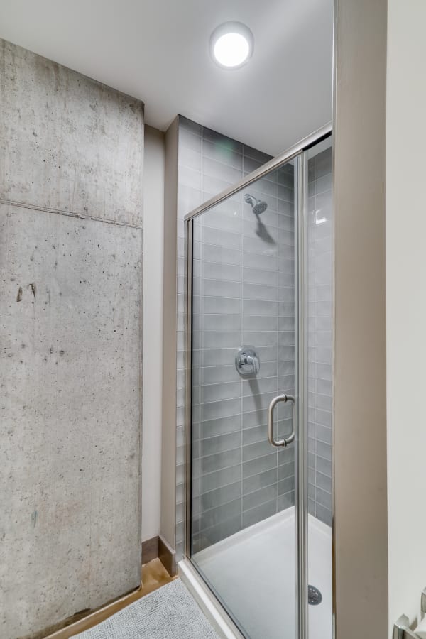 Interior view of a contemporary shower with a glass enclosure and concrete wall.