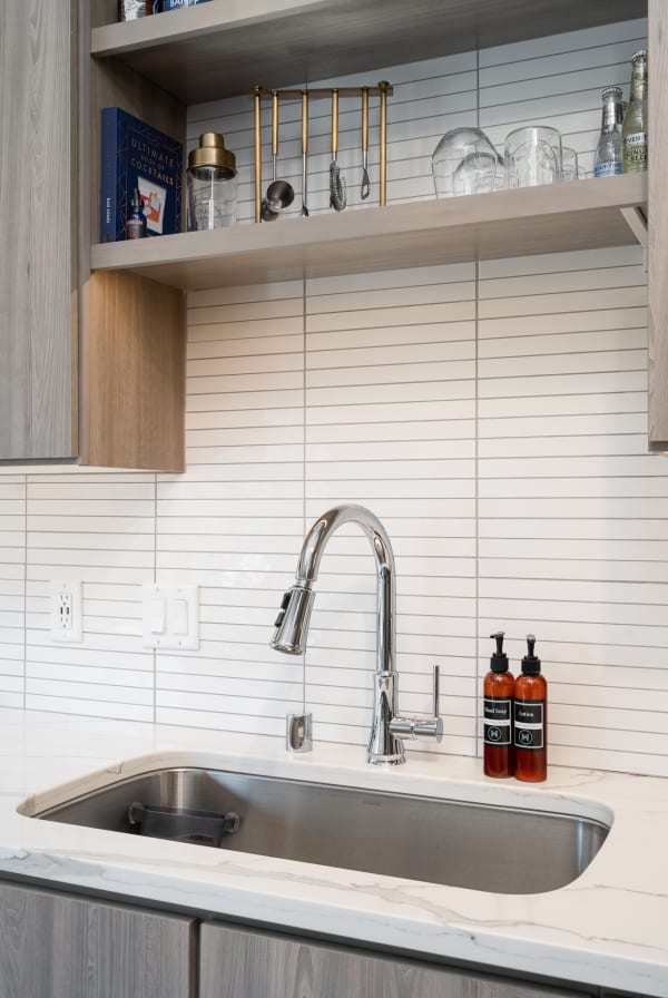 Contemporary kitchen sink with chrome faucet and stylish accessories.
