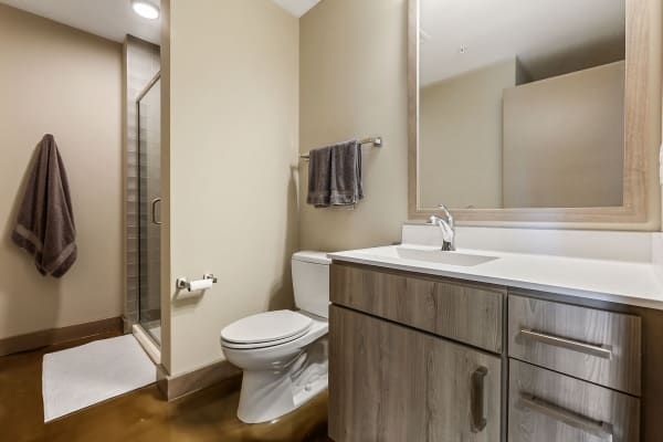 Modern bathroom with a shower, toilet, and wooden vanity.