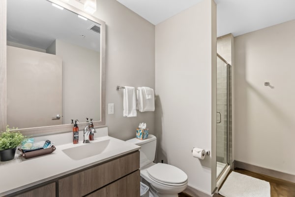 Modern bathroom with a vanity, mirror, towels, and a glass shower.