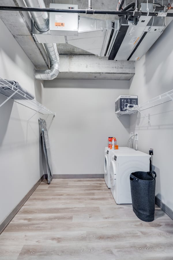Interior view of a minimalist laundry room with white appliances and gray walls.