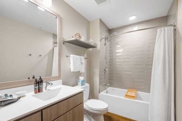 Minimalist bathroom with bathtub, mirror, and modern fixtures.