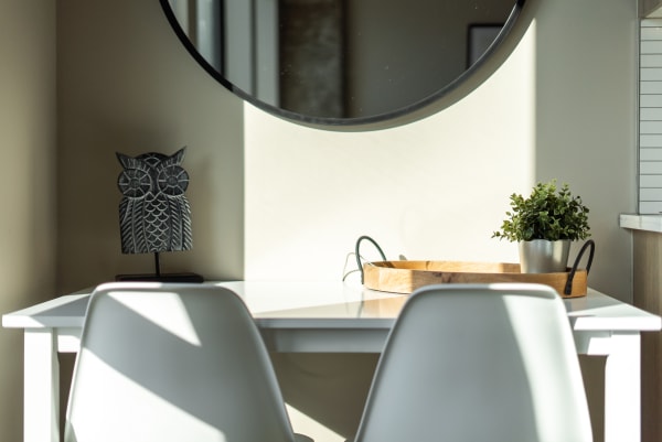 Minimalist dining space featuring a white table and chairs, a decorative owl figurine, and a green plant in a pot.