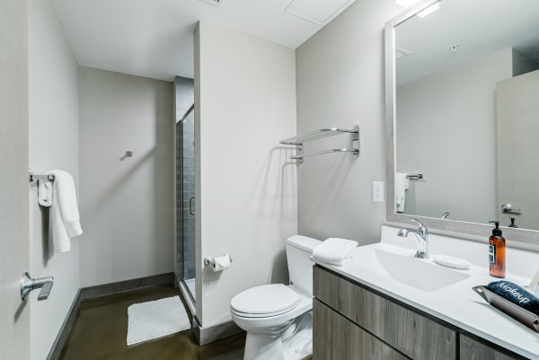 Modern bathroom featuring gray walls, a stylish sink, and a glass shower.