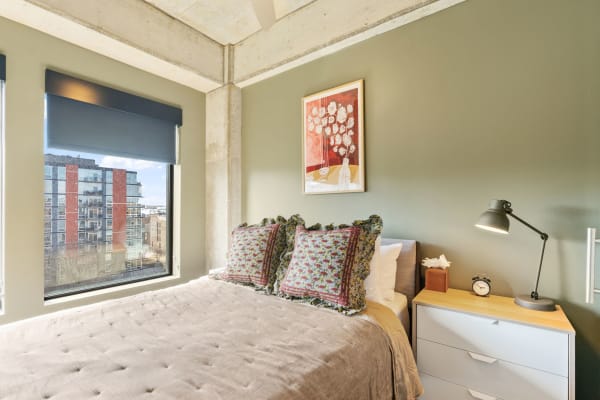 Cozy bedroom with olive green walls, a large bed, and natural light coming from the window.