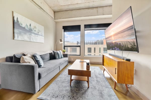 Contemporary living room featuring a gray sofa, large TV, and artistic decor.