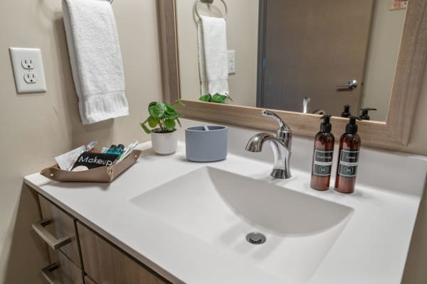 Modern bathroom countertop with soap, lotion, a plant, and a makeup tray.