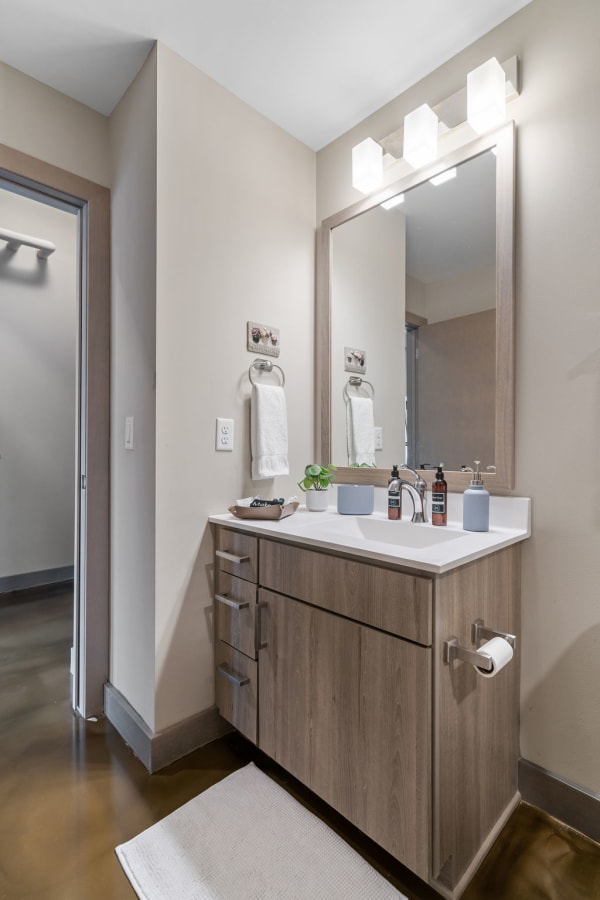 Contemporary bathroom featuring a wood vanity, mirror, and bright lighting.