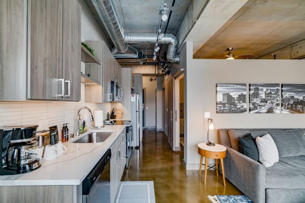 A stylish modern kitchen and living area in an apartment with gray cabinets and a cozy sofa.