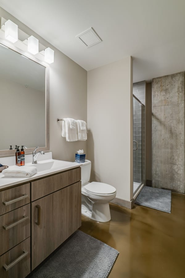 Modern bathroom with a stylish sink, toilet, and shower area, featuring light wood cabinet and soft lighting.