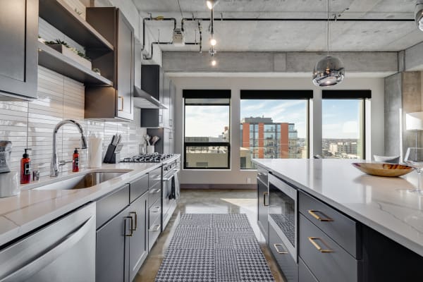 Contemporary kitchen with gray cabinets, marble countertop, and urban skyline view.