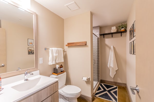 A contemporary bathroom featuring a sink, toilet, shower, and decorative elements.