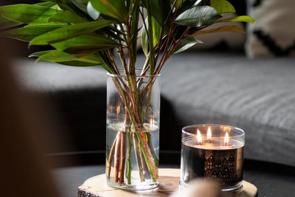 Vase with green leaves and a candle on a wooden base in a cozy living space.