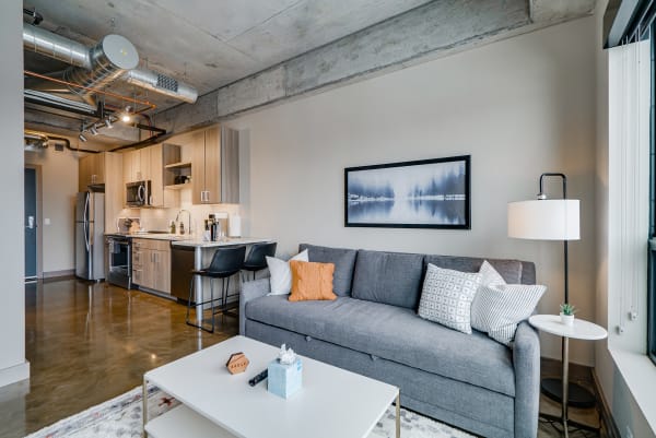 A stylish living room featuring a grey sofa, modern kitchen, and tranquil wall art.