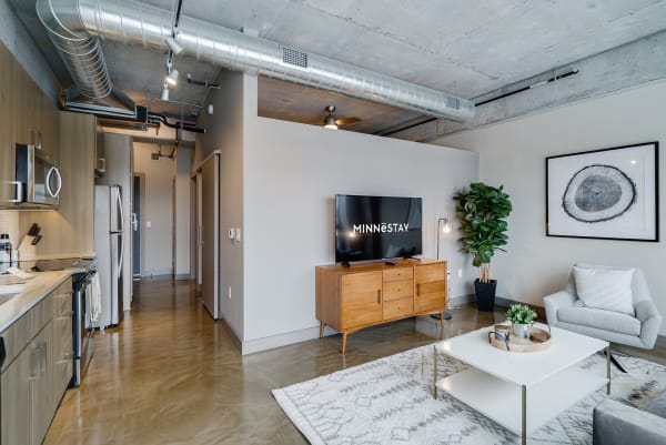 Interior view of a modern apartment with living area, TV, and stylish furnishings.