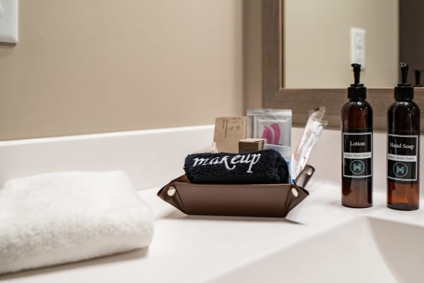 Organized bathroom countertop with makeup, lotion, and hand soap.