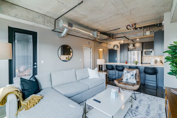 Modern open-plan living area featuring a gray sectional sofa and dark kitchen cabinets.
