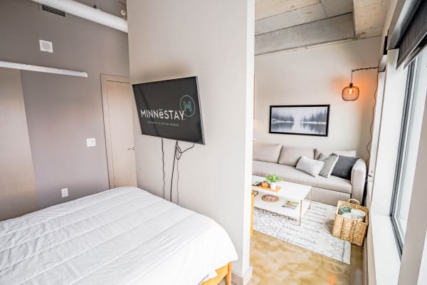 Modern studio apartment with a bed, TV, sofa, and coffee table.