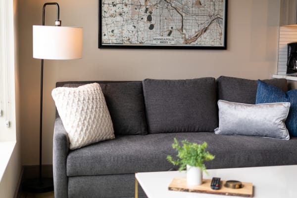 Cozy living room with a gray sofa, decorative pillows, and a floor lamp.