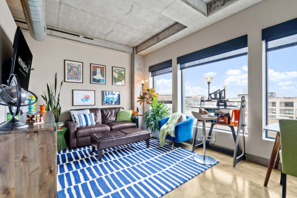Modern apartment living room with leather sofa, large windows, and colorful accents.