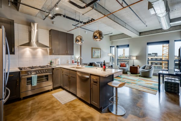 A contemporary apartment featuring an open kitchen with dark cabinets and a living area with large windows.