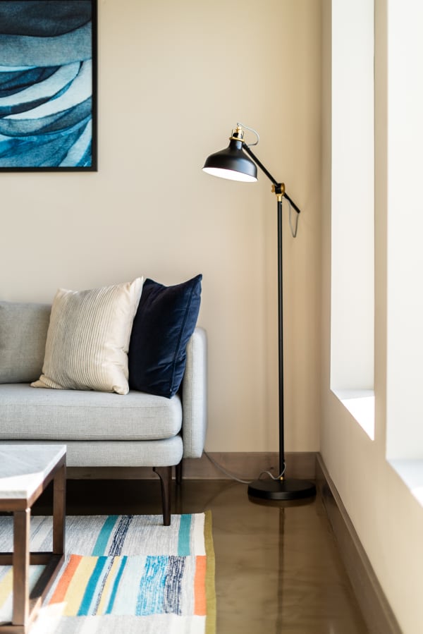 A modern living room with a grey sofa, two pillows, a black lamp, and a colorful rug.