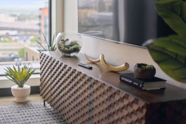 A modern living room featuring a textured wooden cabinet, glass terrarium, decorative horns, and a potted plant.