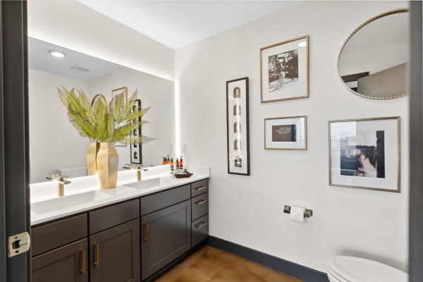 Modern bathroom with double sink vanity, decorative art and greenery.