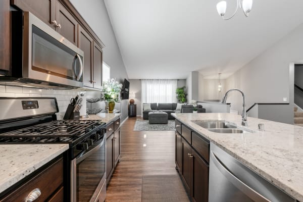 Spacious kitchen with dark cabinets and modern appliances, overlooking a cozy living room.